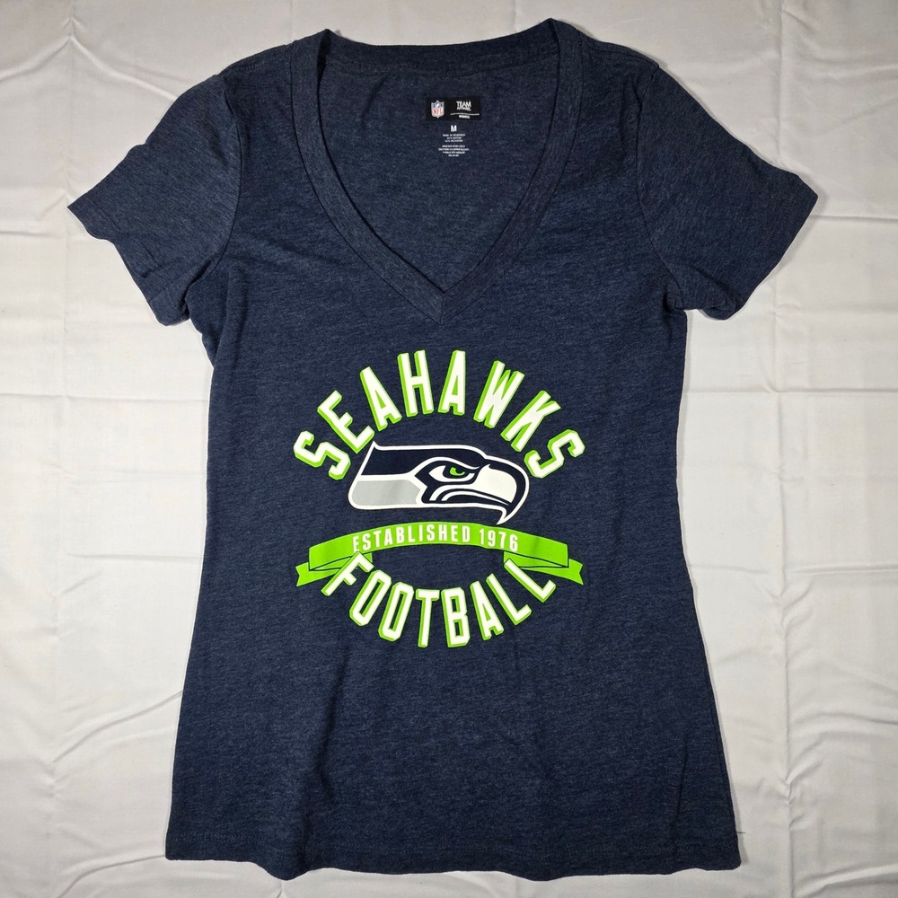 NFL Team Apparel Womens Seattle Seahawks V-Neck Graphic T-Shirt Navy Blue M